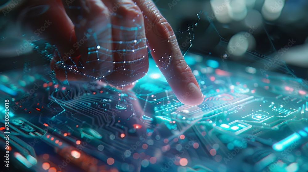 Poster a close-up shot captures the subtle interaction between human and technology, as fingertips graceful