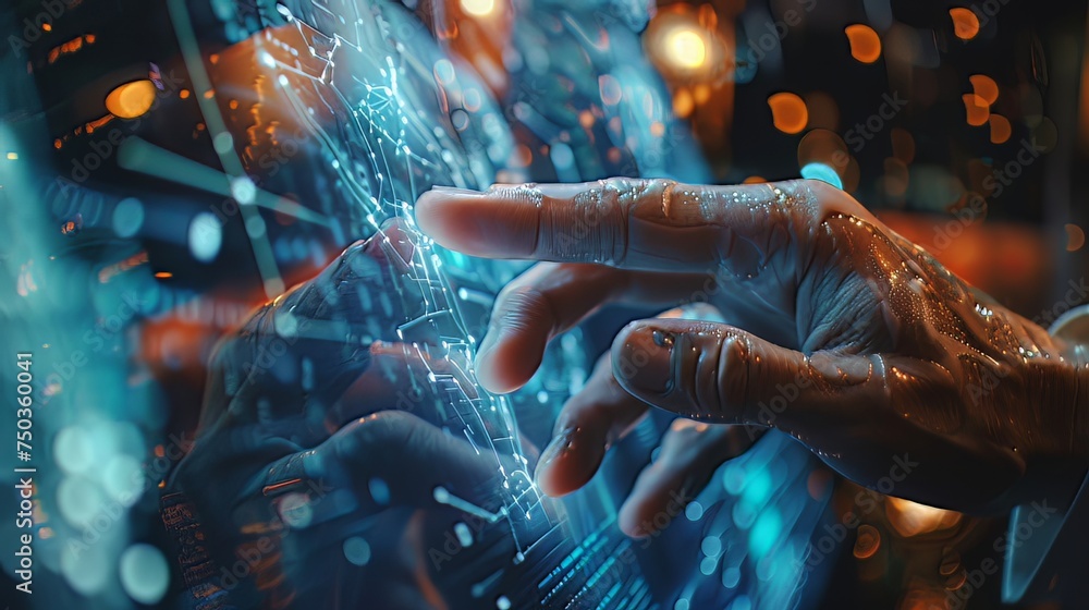 Poster a close-up shot captures the subtle interaction between human and technology, as fingertips graceful