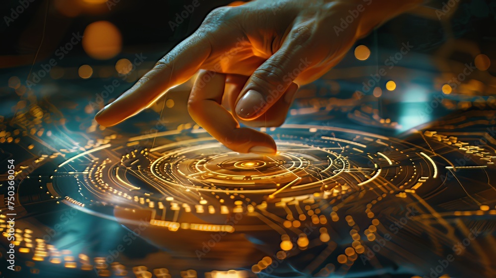 Poster a close-up shot captures the subtle interaction between human and technology, as fingertips graceful