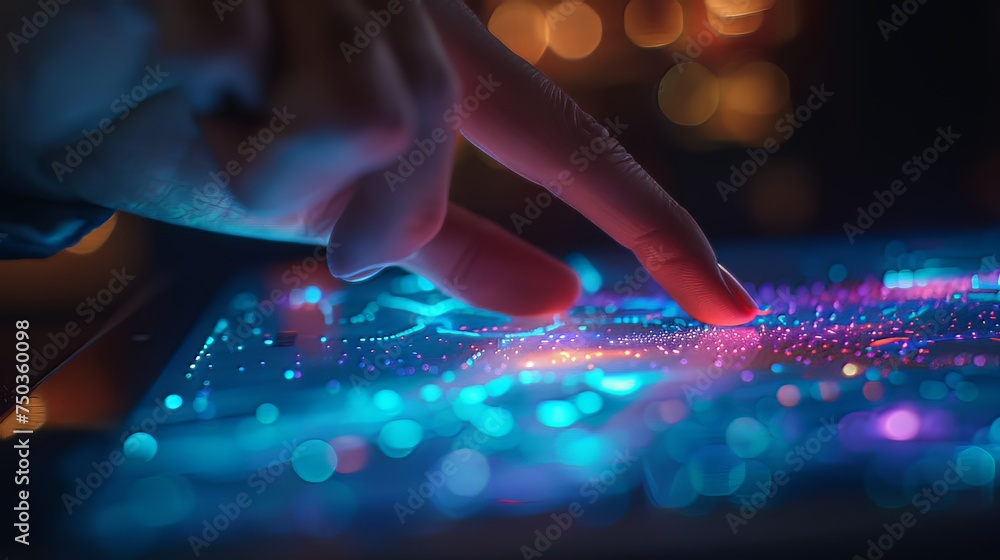 Poster a close-up shot captures the subtle interaction between human and technology, as fingertips graceful