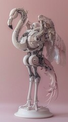 A detailed 3D digital rendering of a flamingo with mechanical body parts, exuding a surrealist steampunk vibe