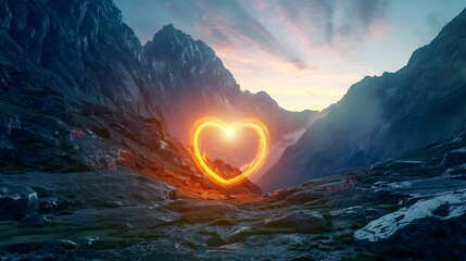 Glowing mystical round heart shaped frame portal in mountainous landscape