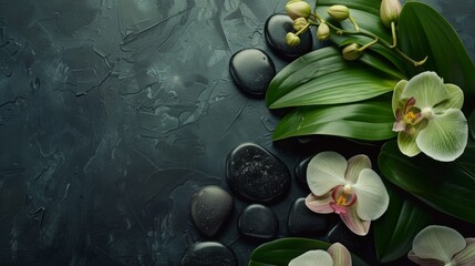 Black stones, warmed for massage, rest on a chalkboard. Above, orchids bloom on a green leaf,...
