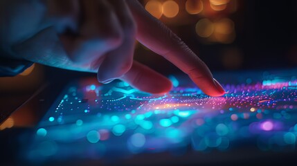 A close-up shot captures the subtle interaction between human and technology, as fingertips gracefully navigate a touchscreen, bridging the gap between the digital and physical realms. 