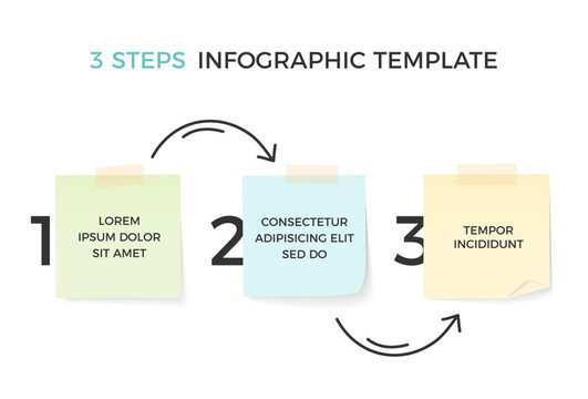 Infographic template with three steps with paper notes and hand drawn arrows, vector eps10 illustration