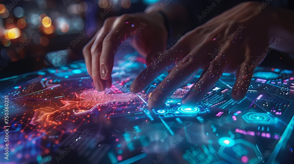 Poster a close-up shot captures the subtle interaction between human and technology, as fingertips graceful