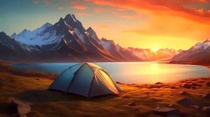 Papier Peint photo Camping Camping at sunset, view of camping tent in summer evening