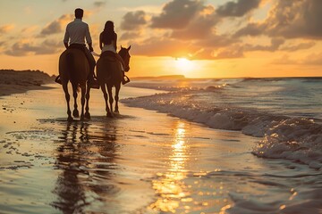 Couple Horseback Riding on Beach during Sunset