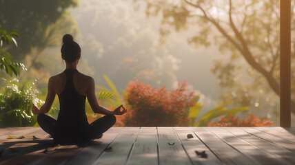 Woman Meditating in Serene Nature-Inspired Room
. A peaceful room with floor-to-ceiling windows offers a tranquil setting for a woman practicing yoga with a stunning mountain view.
