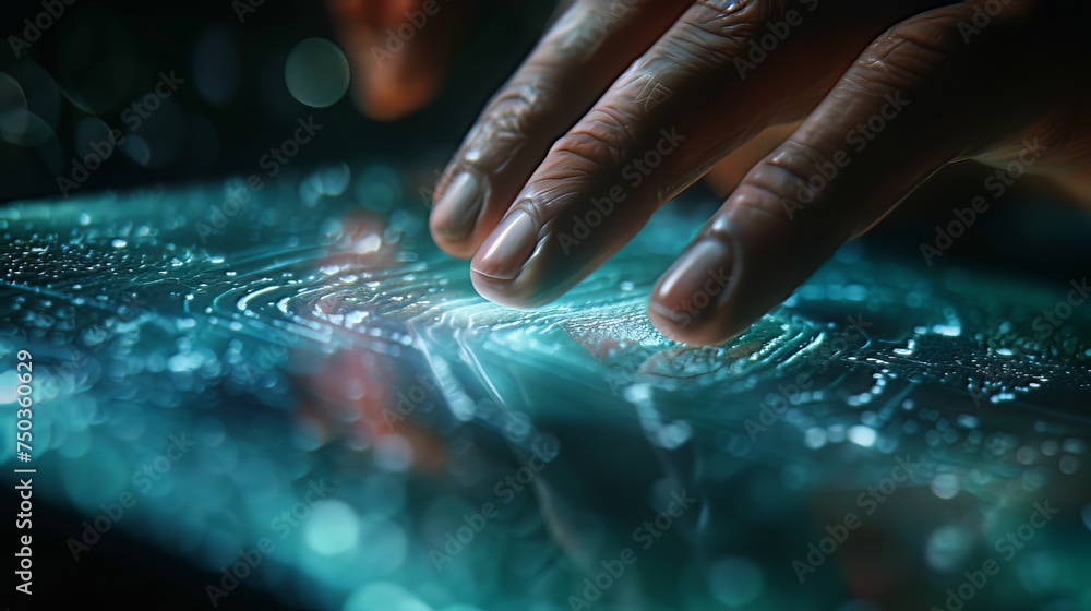 Poster a close-up shot captures the subtle interaction between human and technology, as fingertips graceful