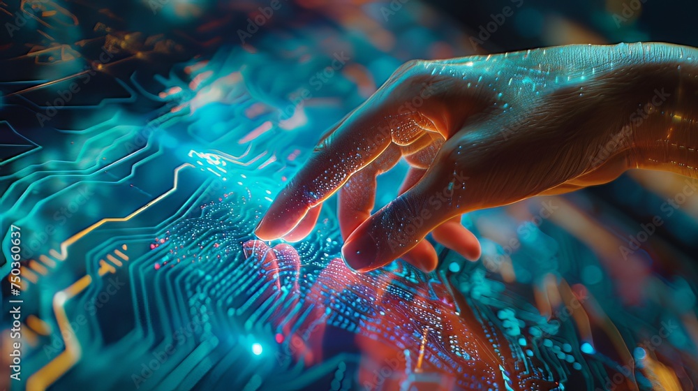 Poster a close-up shot captures the subtle interaction between human and technology, as fingertips graceful