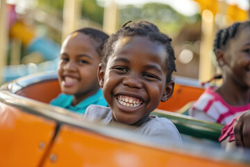 Happy Black Young children riding a rollercoaster at an amusement park