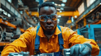 Fototapeta premium An African American engineer tests a futuristic bionic exoskeleton and picks up metal objects in a heavy steel factory