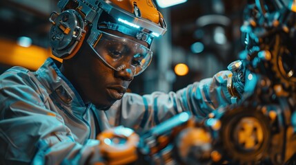 Fototapeta premium An African American engineer tests a futuristic bionic exoskeleton and picks up metal objects in a heavy steel factory