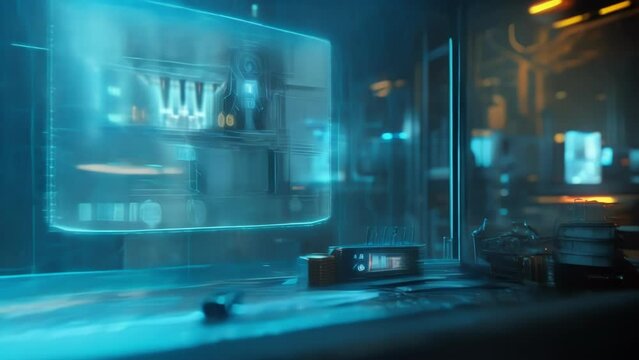 A hologram of a security system appears allowing the operator to monitor and control access to different areas of the factory remotely.
