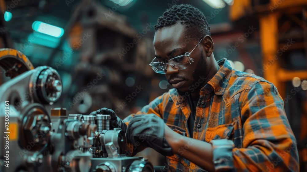Poster an african american engineer tests a futuristic bionic exoskeleton and picks up metal objects in a h