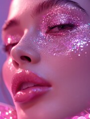 Close-up of a woman's face adorned with vibrant pink glitter, exuding a fantasy-like allure and contemporary makeup artistry.