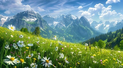 mountain landscape in the Alps with blooming meadows