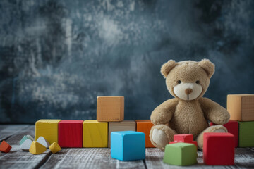 Teddy Bear with Colorful Wooden Blocks on Rustic Table Against a Dark Textured Background  
