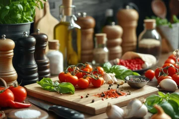 Foto op Canvas Fresh Ingredients for Italian Cooking with Tomatoes, Basil, and Olive Oil on Kitchen Counter © KirKam