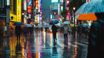 雨が降るアジアの繁華街