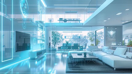 Obraz premium A futuristic image showcases sleek, minimalist gadgets seamlessly integrated into a smart home, illustrating the harmonious relationship between technology and modern living