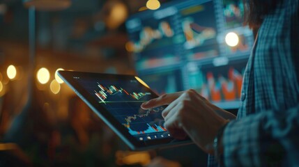 Businessman holding tablet showing stock market economy graph statistic growth of profit analyzing financial exchange. Trade chart finance data concept.