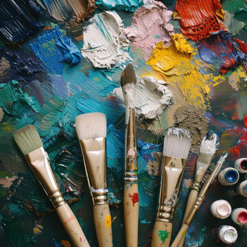  Artist's Palette with Oil Paints and Brushes on Colorful Background