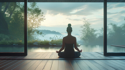 Woman Meditating in Serene Nature-Inspired Room
. A peaceful room with floor-to-ceiling windows offers a tranquil setting for a woman practicing yoga with a stunning mountain view.
 - obrazy, fototapety, plakaty
