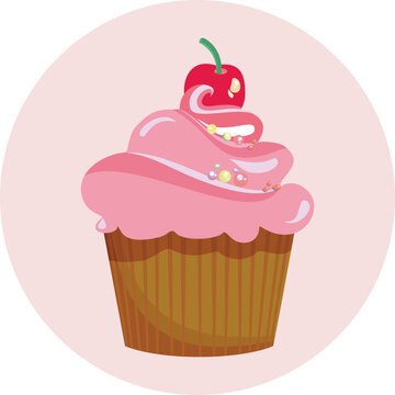 Vector Icon Design of a Cupcake with Cherry on Top. Pink confectionery item design element graphic 
