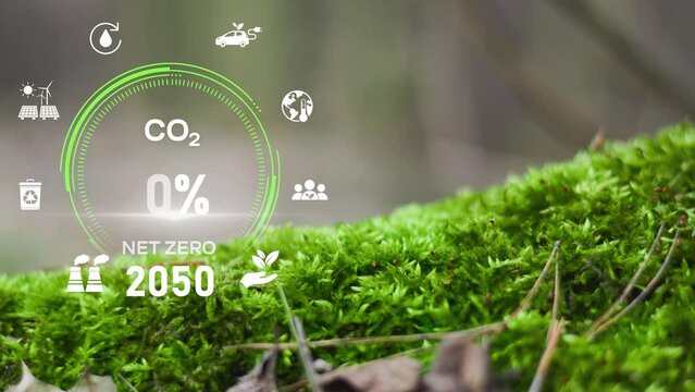 Net Zero Emissions by 2050 policy animation conceptDigital dashboard of CO2 level gauge percentage drop down to 0. ,Net zero emission ,2050, carbon neutral concept.CO2 reduce.Net zero greenhouse gas.G
