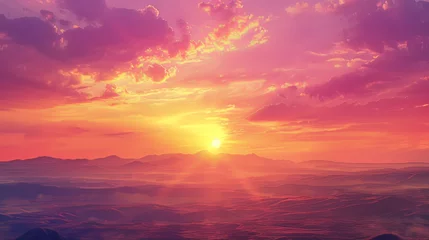  A panoramic view of the vast sky painted in hues of orange and pink as the sun sets behind the distant mountains, creating a breathtaking celestial canvas © shaiq
