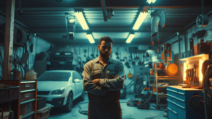 Portrait shot of a car mechanic in front of the garage - obrazy, fototapety, plakaty