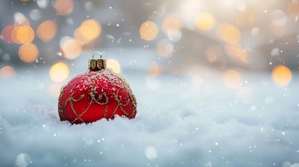 Christmas ball sit on the white snow and beautiful blur soft dreamy winter
