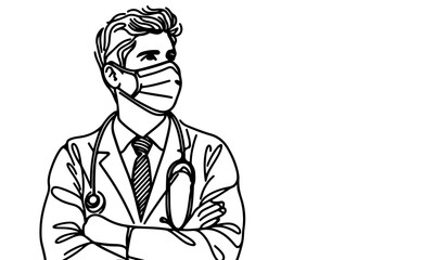 Continuous one black line art hand drawing doctors. National doctor day concept vector illustration on white background with copy space