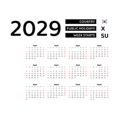 Calendar 2029 Korean language with South Korea public holidays. Week starts from Sunday. Graphic design vector illustration.