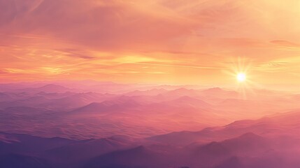 Fototapeta premium A panoramic view of the vast sky painted in hues of orange and pink as the sun sets behind the distant mountains, creating a breathtaking celestial canvas 