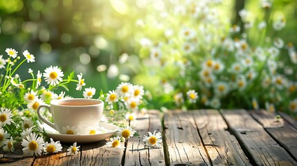 Spring Chamomile Flowers In Teacup On Wooden Table In Garden - obrazy, fototapety, plakaty