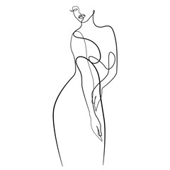 Female Silhouette Trendy Line Art Drawing. Woman Minimalistic Black Lines Drawing. Female Figure Continuous One Line Abstract Drawing. Modern Scandinavian Design. Vector Illustration.