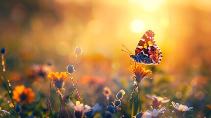 Sunset nature meadow field with butterfly as spring summer background concept
