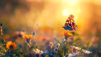 Zelfklevend Fotobehang Weide Sunset nature meadow field with butterfly as spring summer background concept