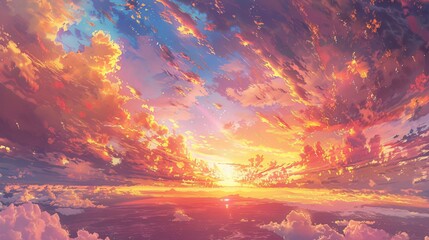 A panoramic view of the vast sky painted in hues of orange and pink as the sun sets behind the distant mountains, creating a breathtaking celestial canvas 