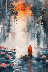 Asian culture oil painting style featuring monk on a boat with Lotus flowers pond