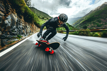 Young man participating in a high-speed downhill longboarding race