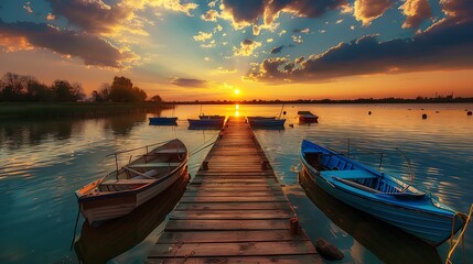 sunset over a pier on with boats on a lake