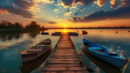 Fototapeten sunset over a pier on with boats on a lake © James