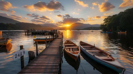 Fototapeten sunset over a pier on with boats on a lake © James