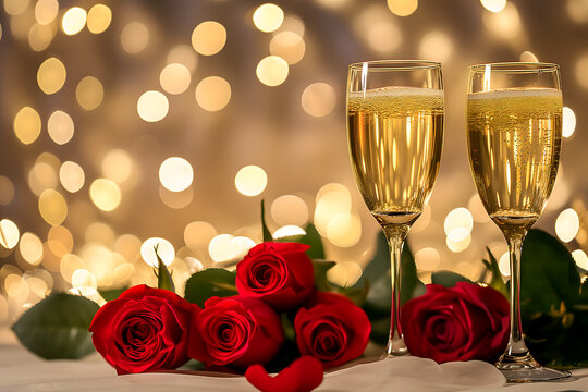 two glasses with sparkling wine or champagne and red roses on table with bokeh lights in the background for generic celebration concept. Neural network generated image. Not based on any actual or