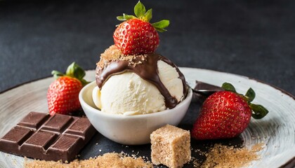 Satisfying Indulgence: Vanilla, Strawberries, Chocolate Ice Cream, and Brown Sugar Delicacies on Black