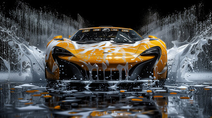 Yellow racing car with water splashing